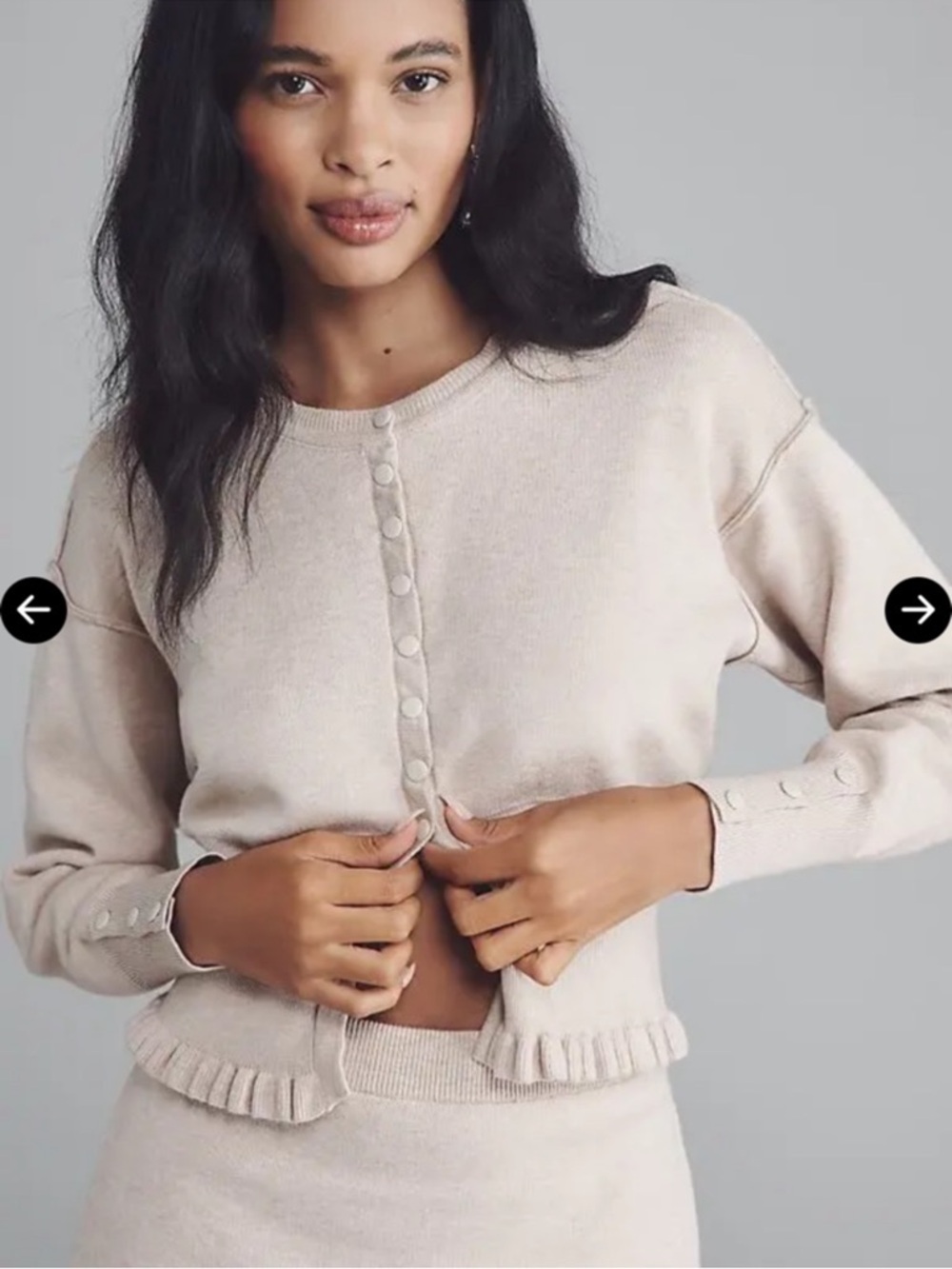 Pilcro Cream Ruffle-Hem Button-Front Crewneck Cardigan